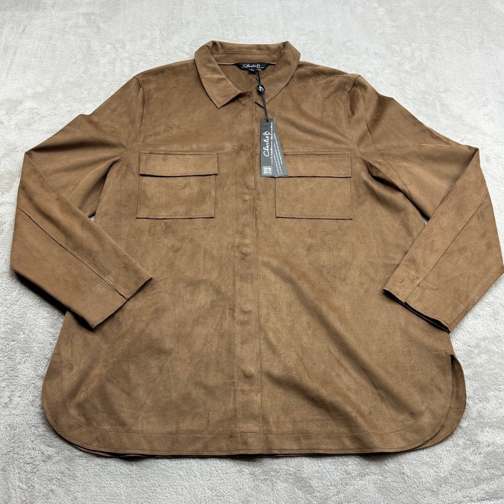 Charlie B Faux Suede Shirt Women L Truffle Brown Button Up Western Shacket Chic